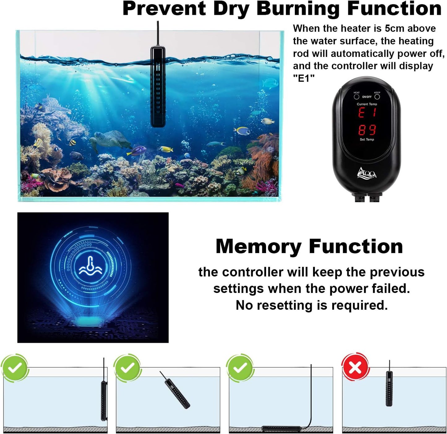 Submersible Aquarium Heater,100W/200W/300W/500W/800W/1000W/1200W Fish Tank Heater,External Temperature Controller LED Temperature Display,Suitable for Saltwater and Freshwater(200W)