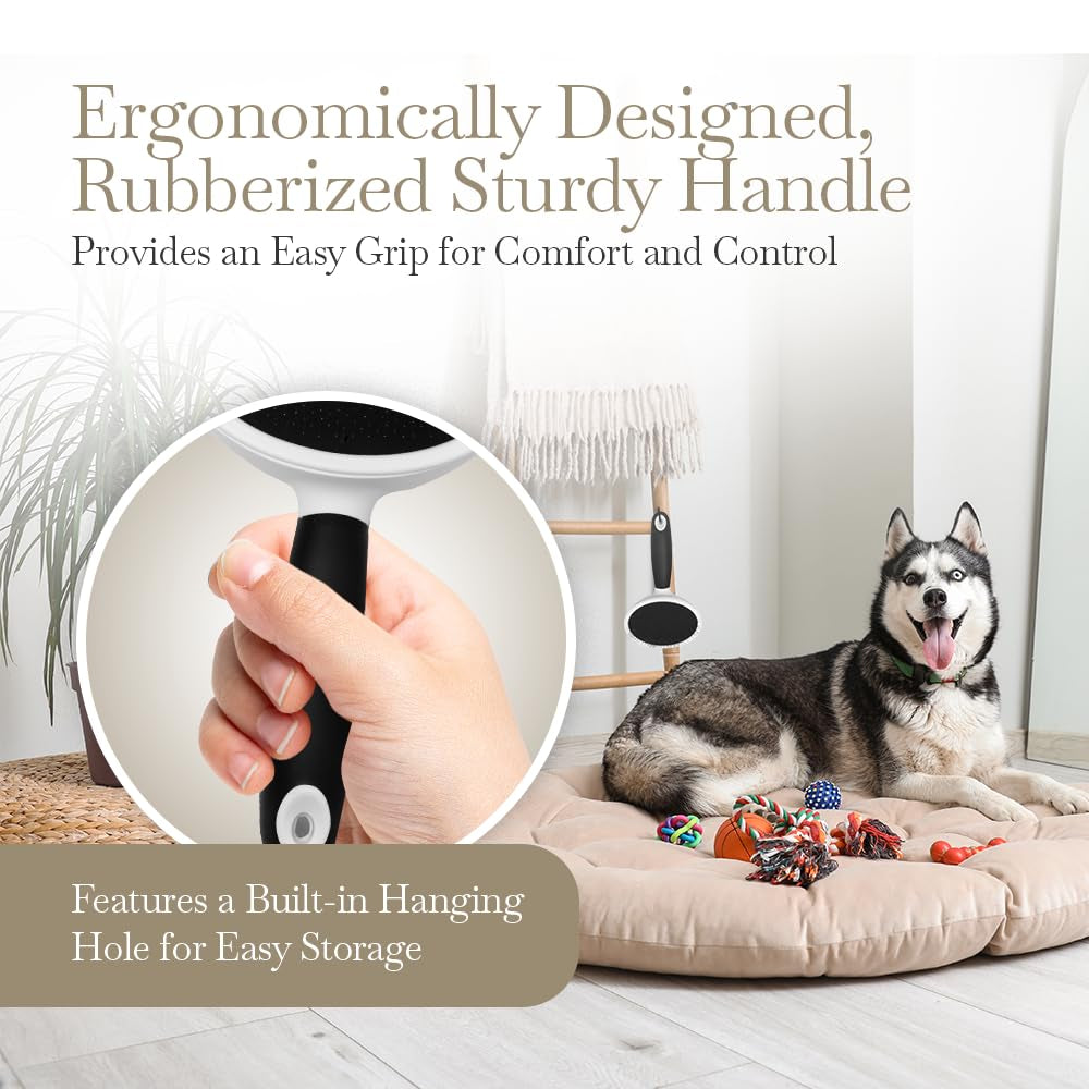 Slicker Pet Brush - Angled Fine Steel Wires - Ergonomically Designed Rubberized Handle for Comfort & Control - Remove Shedding & Matted Hair - Tool for Grooming Dogs & Cat