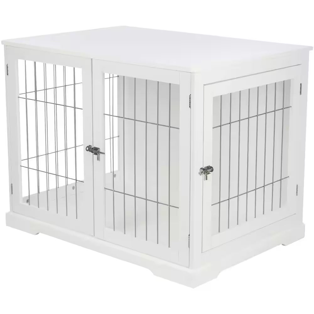 Furniture Style Dog Crate, Indoor Kennel, Pet Home, End Table or Nightstand with 2-Doors, White, Large