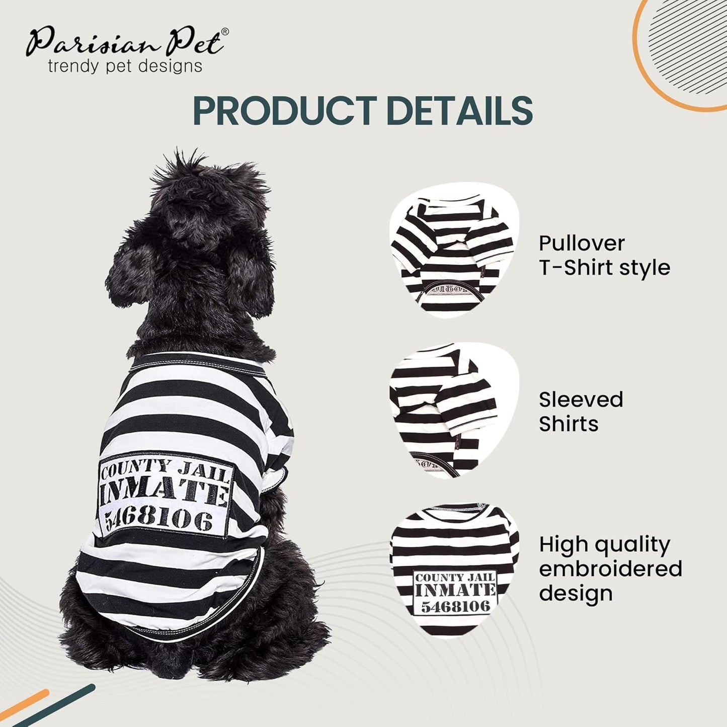 - Medium Dog Shirt - Black & White Striped - Cotton & Polyester - Sleeved & Lightweight - Prisoner Dog Theme
