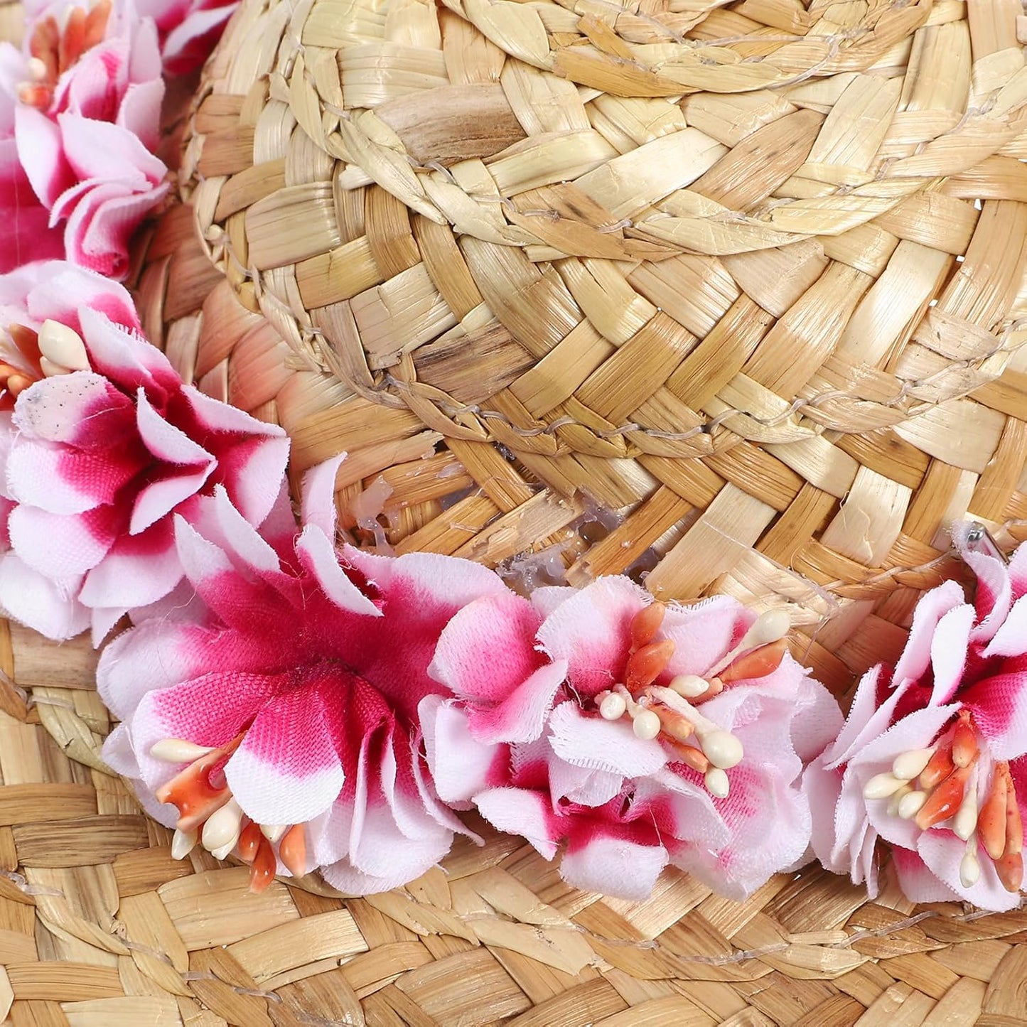 Dog Straw Hats with Floral-Pet Sombrero Adjustable Hawaii Garden Sun Bucket Cap for Small Dogs Puppy Cats-Size L