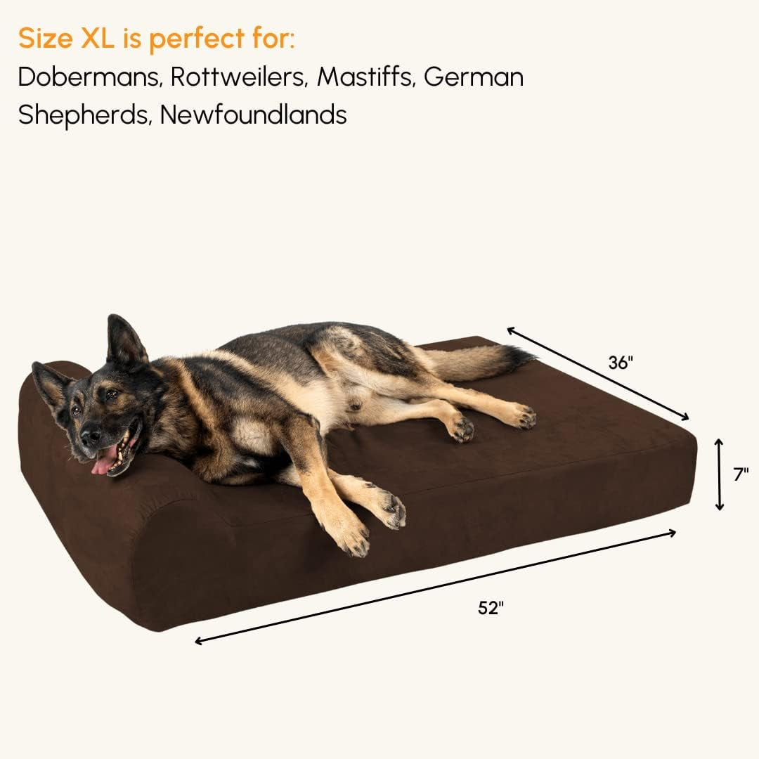 Barker Beds Orthopedic Dog Bed - 7" Pillow Top XL Size (52 X 36 X 11) - Luxury Washable Large Dog Bed with Headrest - Memory Foam Mattress for Big Dogs (Chocolate)