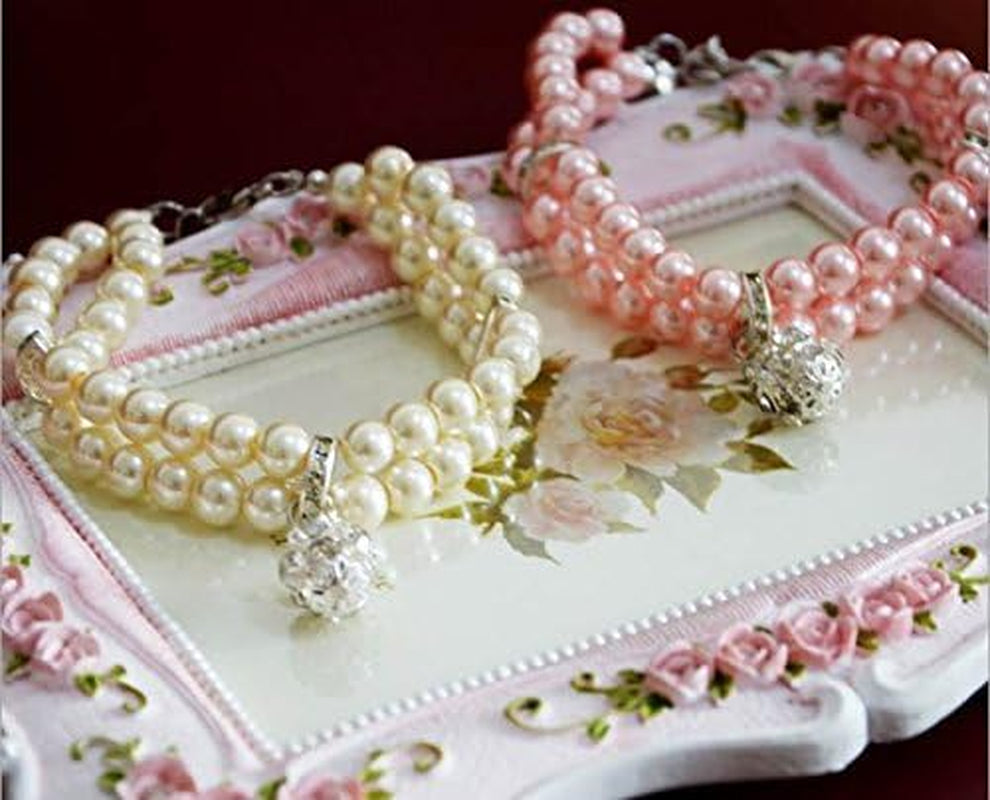 2 Row Pearls Rhinestones Pet Cat Dog Necklace Collar Jewelry with Bling Crystal Ball Charm for Pets Cats Small Dogs Female Puppy Chihuahua Yorkie Girls (White, 10 to 12-Inch)