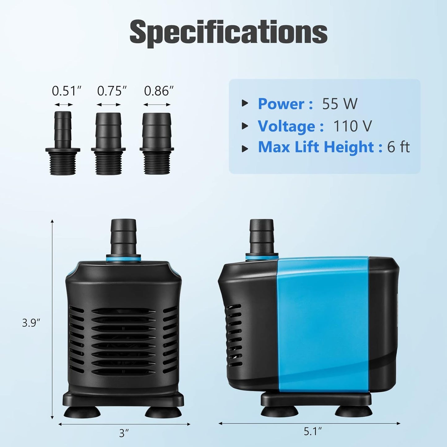 660GPH Submersible Pump(3000L/H, 55W), Ultra Quiet Water Pump with 6Ft High Lift, Aquarium Pump with 6.5Ft Power Cord, 3 Nozzles for Fish Tank, Aquarium, Pond, Statuary, Hydroponics