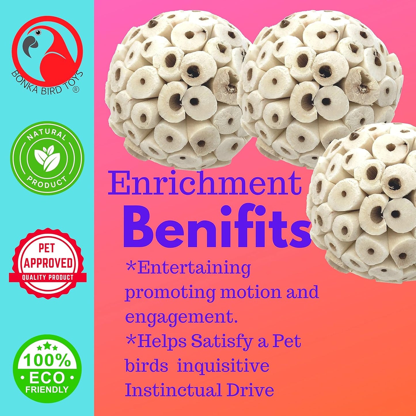 1214 Pk3 All-Natural Sola Atta Balls, 3-Pack, 2" Diameter, Soft and Lightweight Chew and Foot Toys for Birds, Small Pets, and DIY Crafts, Safe for Parrots, Parakeets, and Cockatiels