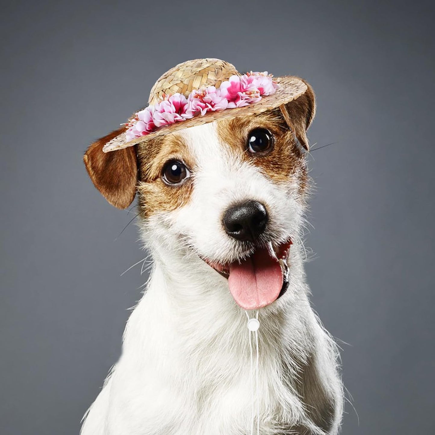 Dog Straw Hats with Floral-Pet Sombrero Adjustable Hawaii Garden Sun Bucket Cap for Small Dogs Puppy Cats-Size L