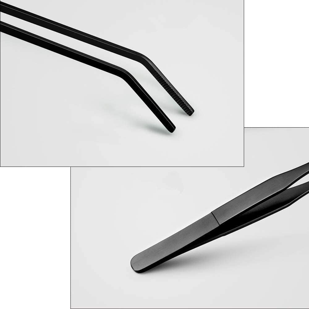 2PCS Aquarium Tweezers Stainless Steel Straight and Curved Tweezers Set Long Handle Reptile Feeding Tongs for Aquatic Plants Lizards Spider Snakes Garden Repairing - 10.6Inch, Black