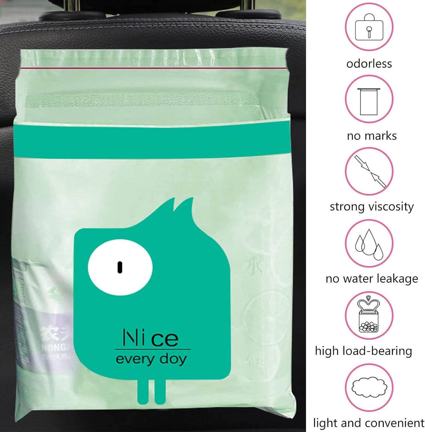 Portable Car Trash Bags, 30PCS Disposable, Green & Pink, Waterproof, Stick-On, Car, Office, Kitchen, Travel