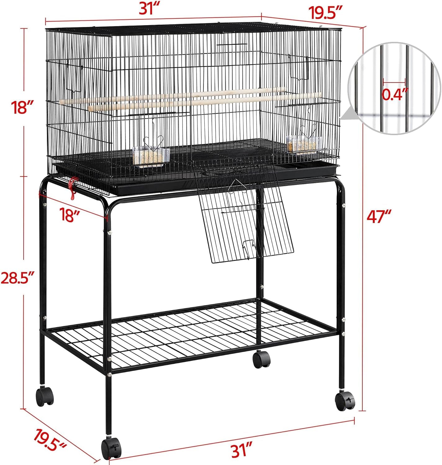 65-Inch Flight Bird Cages for Lovebirds Canaries Parrots Parakeets Budgies Finches Cockatiels Conures with Detachable Rolling Stand, Black