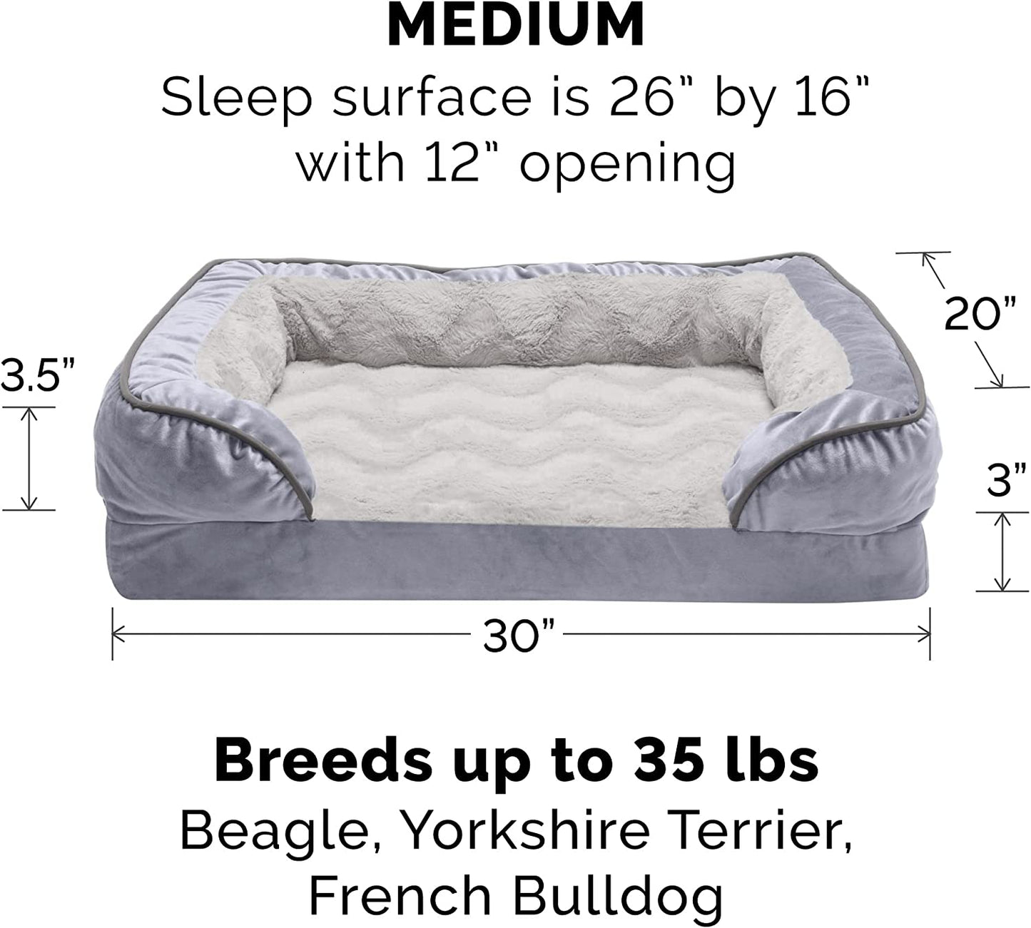 Memory Foam Dog Bed for Medium/Small Dogs W/ Removable Bolsters & Washable Cover, for Dogs up to 35 Lbs - Plush & Velvet Waves Perfect Comfort Sofa - Granite Gray, Medium
