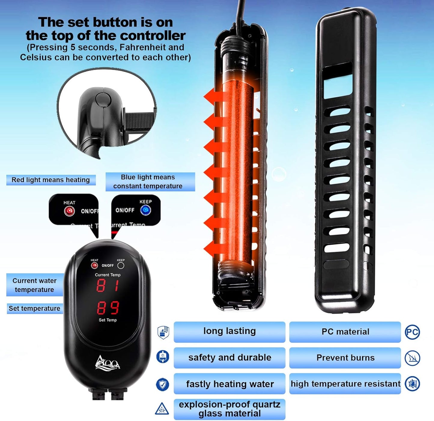 Submersible Aquarium Heater,100W/200W/300W/500W/800W/1000W/1200W Fish Tank Heater,External Temperature Controller LED Temperature Display,Suitable for Saltwater and Freshwater(200W)