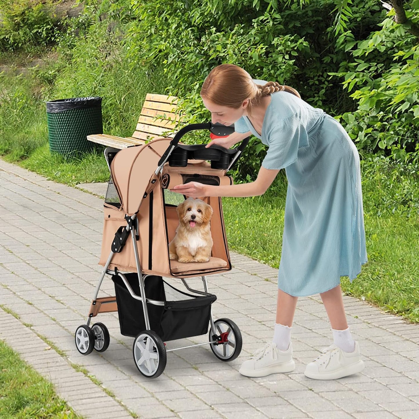Folding Dog Stroller for Small Medium Dogs Cats Puppy, 4 Lockable Wheels Cat Stroller Pet Travel Carrier Strolling Cart, Safety Belt, Removable Liner and Storage Basket (Beige)