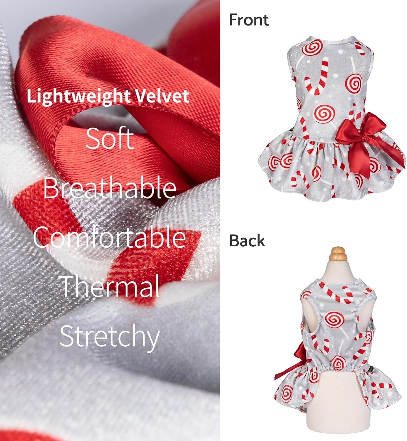 Christmas Candy Canes Dog Dress, Cute Dog Christmas Outfit, Doggy Clothes for Small Dogs Girl, Pet Apparel, Silver, Red, White, Large