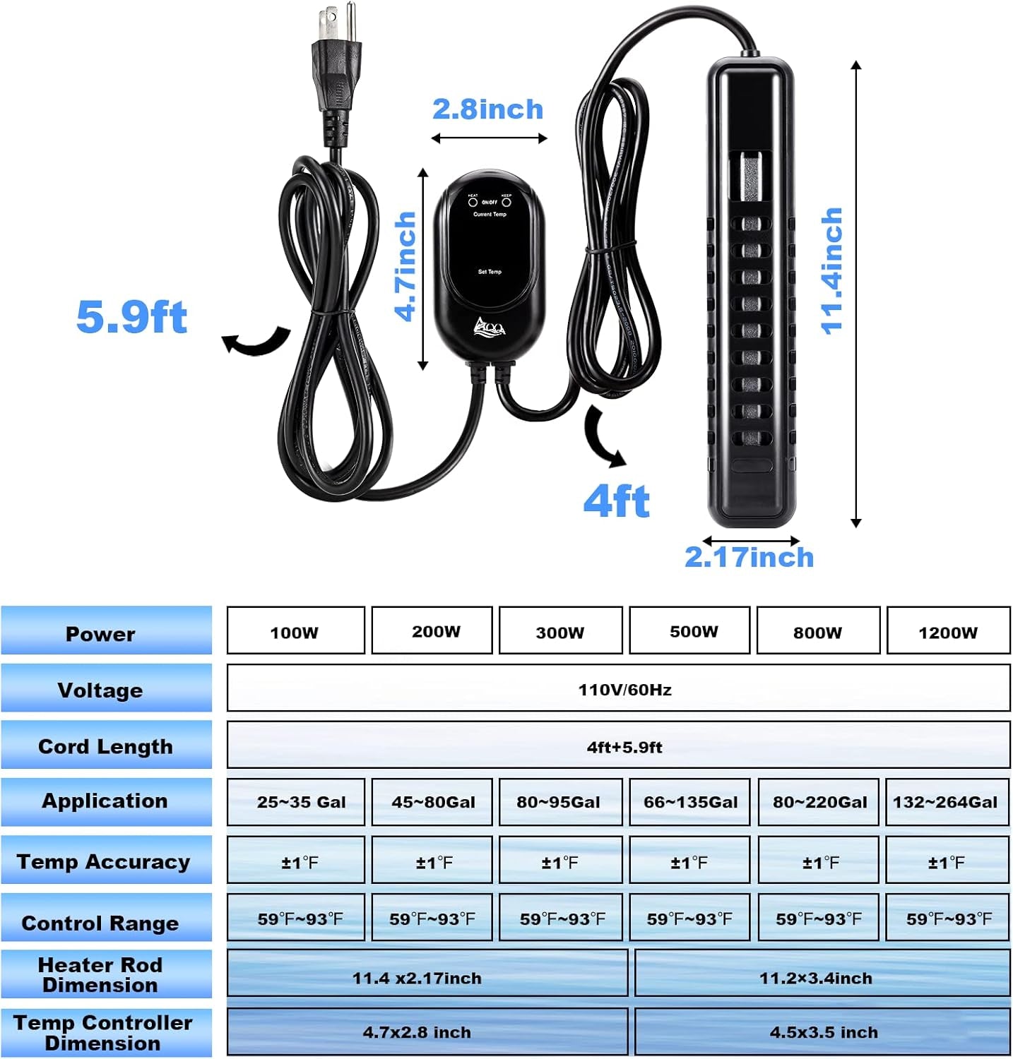 Submersible Aquarium Heater,100W/200W/300W/500W/800W/1000W/1200W Fish Tank Heater,External Temperature Controller LED Temperature Display,Suitable for Saltwater and Freshwater(200W)