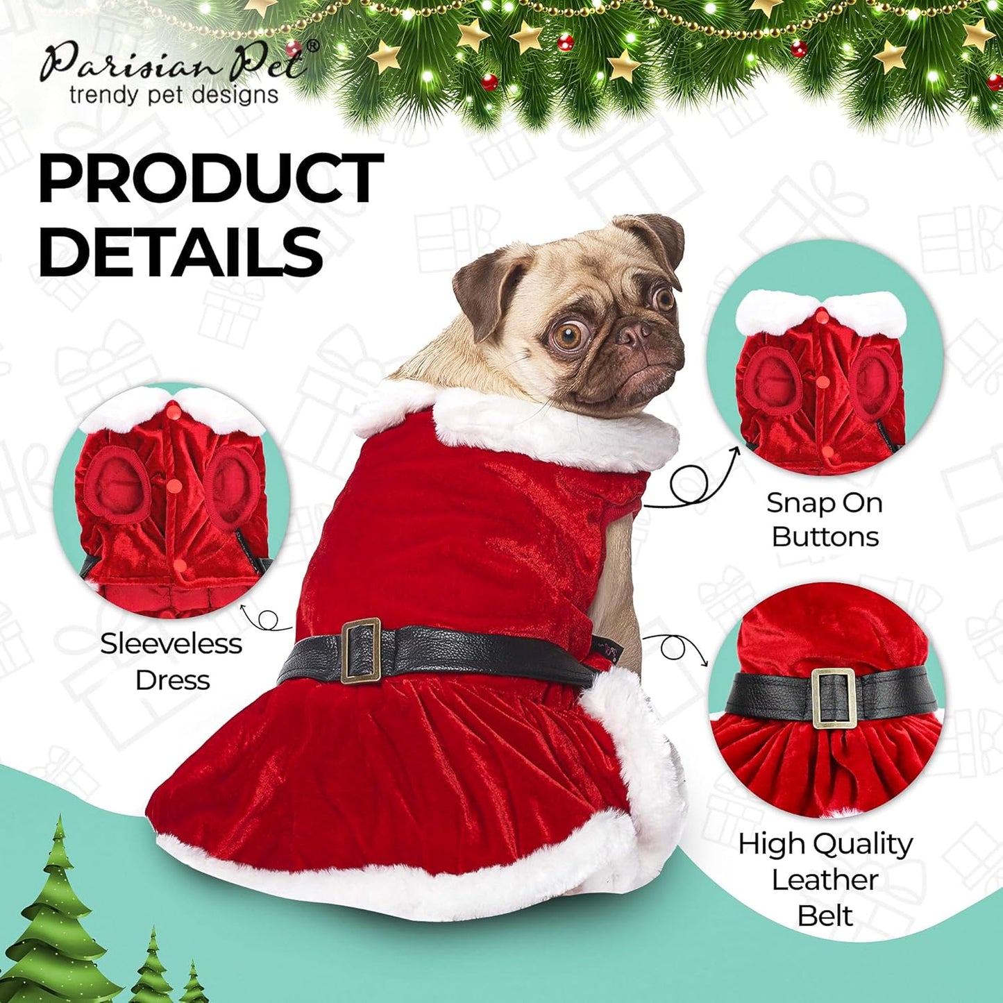 Dog Christmas Dress – Pet Xmas Dog Dress – Mrs. Santa Claus Dog Costume – Red Velvet Skirt Small Dog Dress – Winter Fall Dog Clothes - Holiday Christmas Outfit for Small Dogs Girl - S