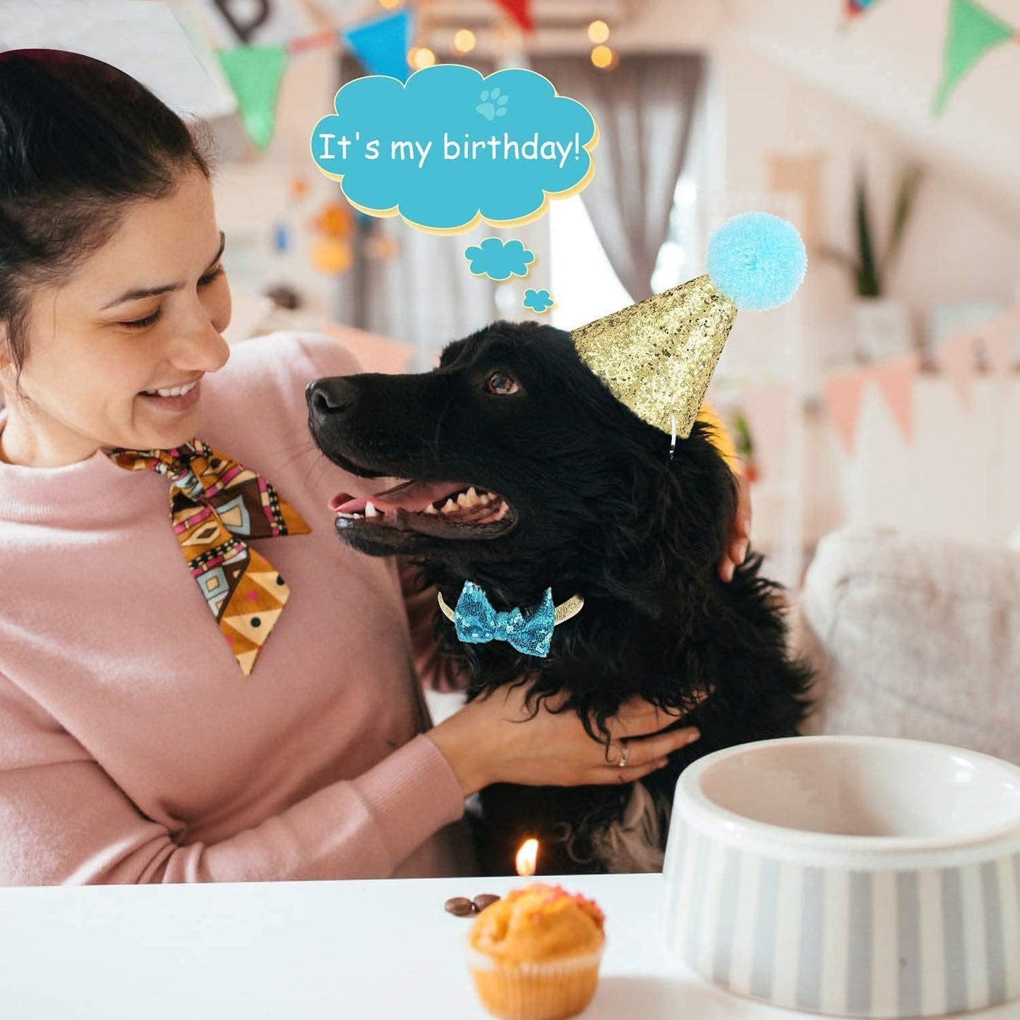 Christmas Pet Party Jazz Hat and Blingbling Bow Tie Breakaway Collar Set, Adjustable Headband for Kitten Puppy Small Dogs Cats (2/Pink+Light Blue)