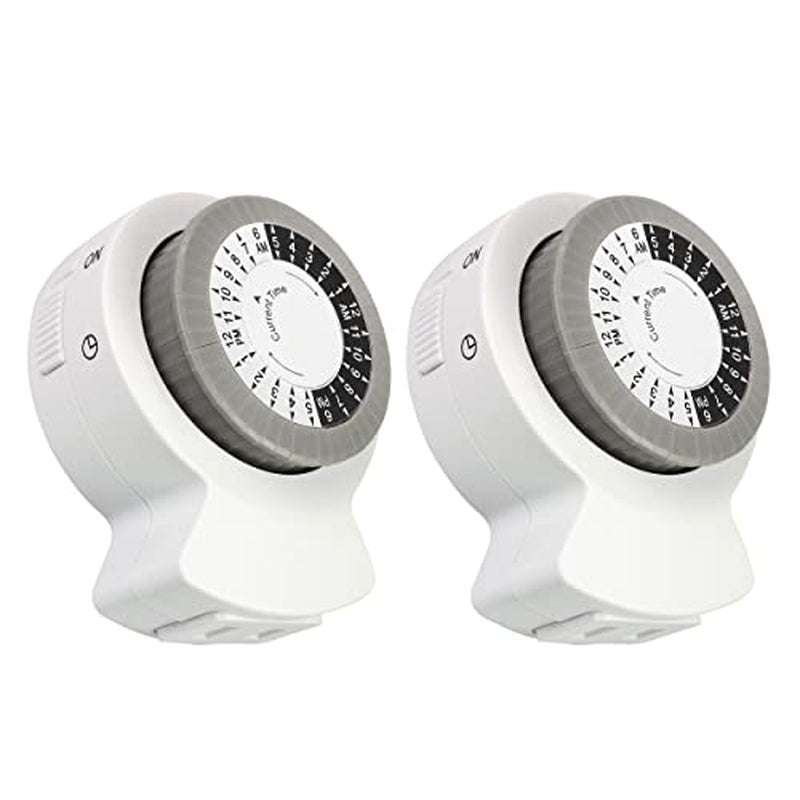 2-Pack Indoor Timer, 1 Polarized Outlet, 24 Hour Plug-In Mechanical Timer, Daily Cycle, Ideal for Lamps, Holiday Decor, Grow Lights, Aquarium, White, DCIT-00012P-DC