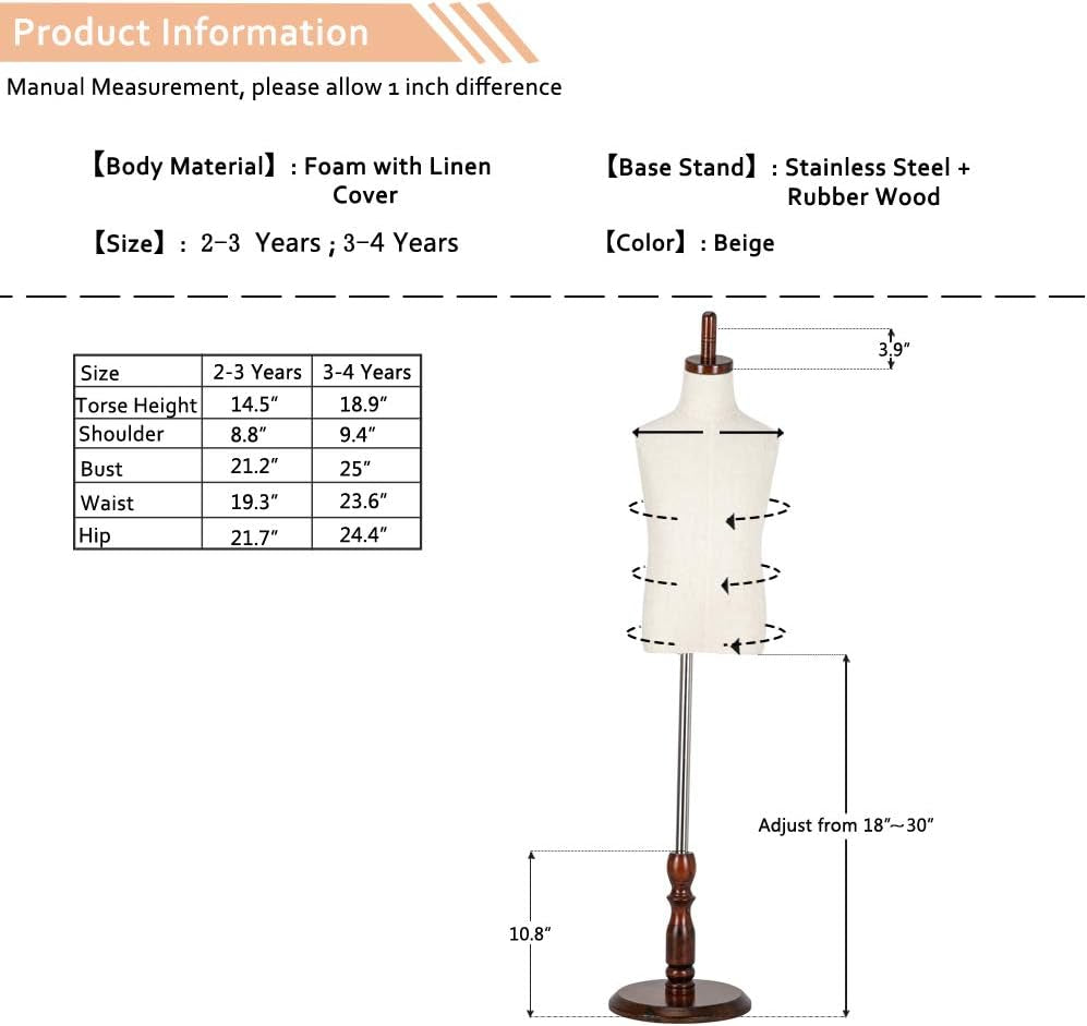 Upgraded Kid Dress Form, 2-3 Years Old, 3-4 Years Old, Toddler Mannequin Torse with Adjustable Rubber Wood Stand for Dress Jewelry Display (3-4 Years Old)