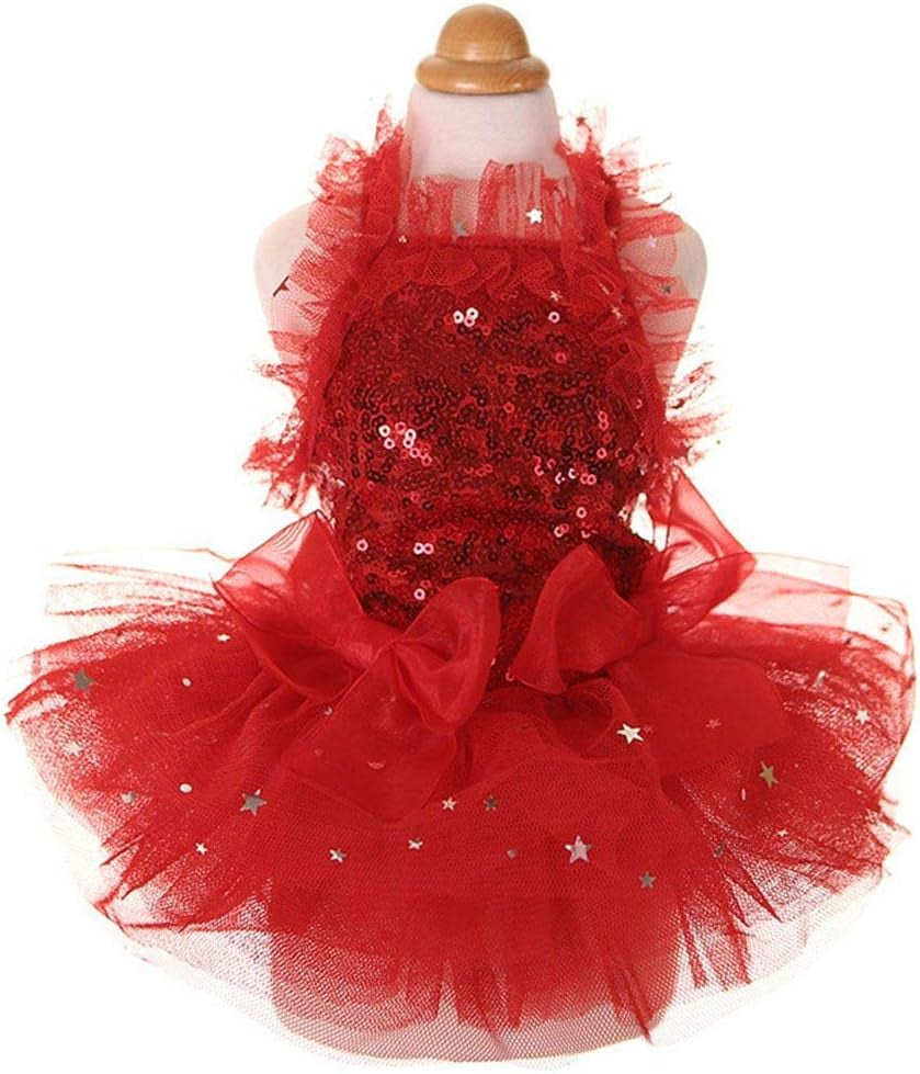 Fashion Sweet Puppy Dog Blingbling Princess Skirt Pet Dog Lace Cake Camisole Tutu Dress Red X-Small