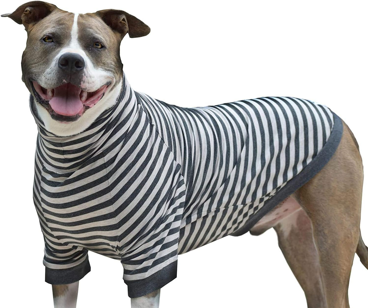 Large Dog Pullover – Breathable Cotton & Spandex with Full Underbelly Coverage – White & Gray Striped Shirt for Allergy & Summer Protection (XXL)