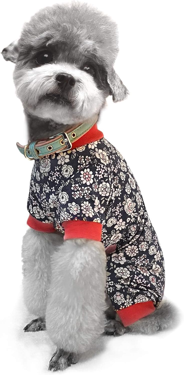 Dog Jumpsuit, 4-Legged Dog Pajamas with Black Flower, Dogs Shirts for All Seasons, Small Medium Dogs (Black, Flower, XL)