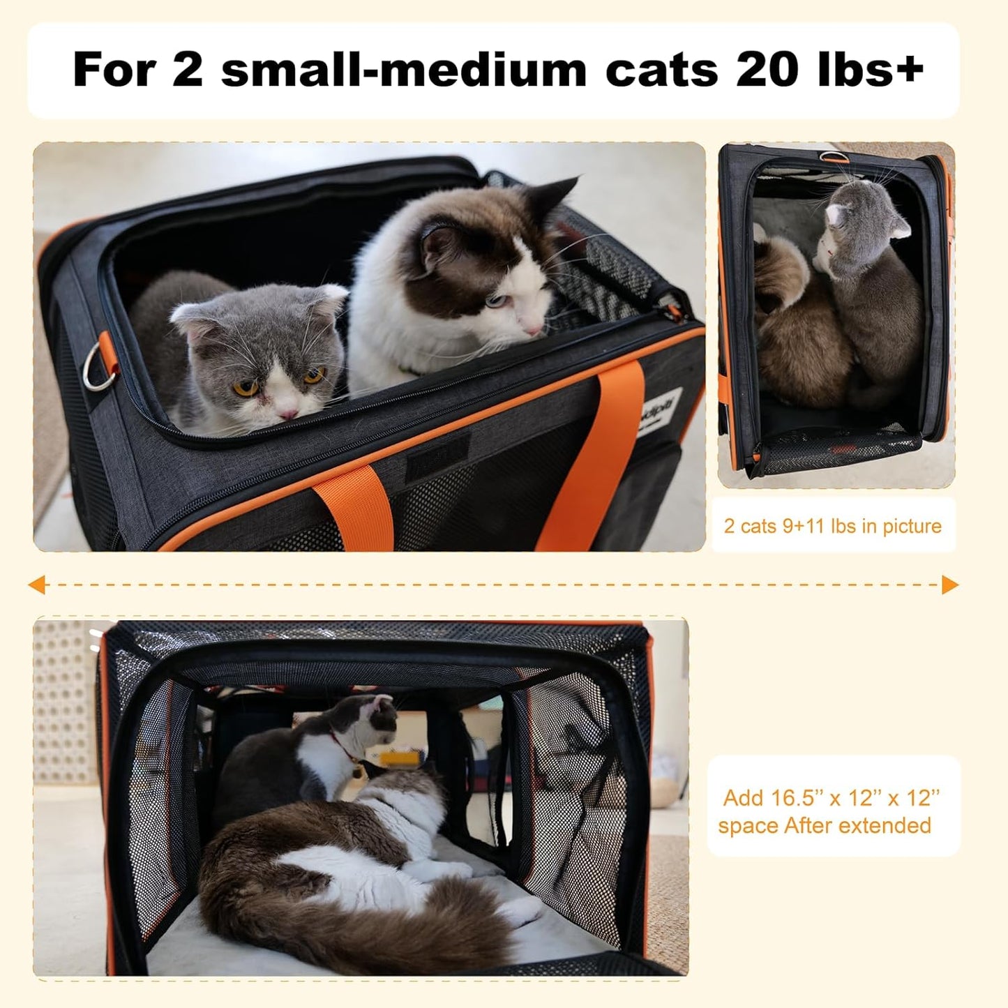 20 X 14 X 14 Inches Expandable Pet Carrier for 1 Large Cat under 25 Lbs,2 Medium Cats/Rabbits 20 Lbs+, 1 Small Dog under 15 Lbs,Cat Crate/Bag for Short Trip/Long Distance Car Travel
