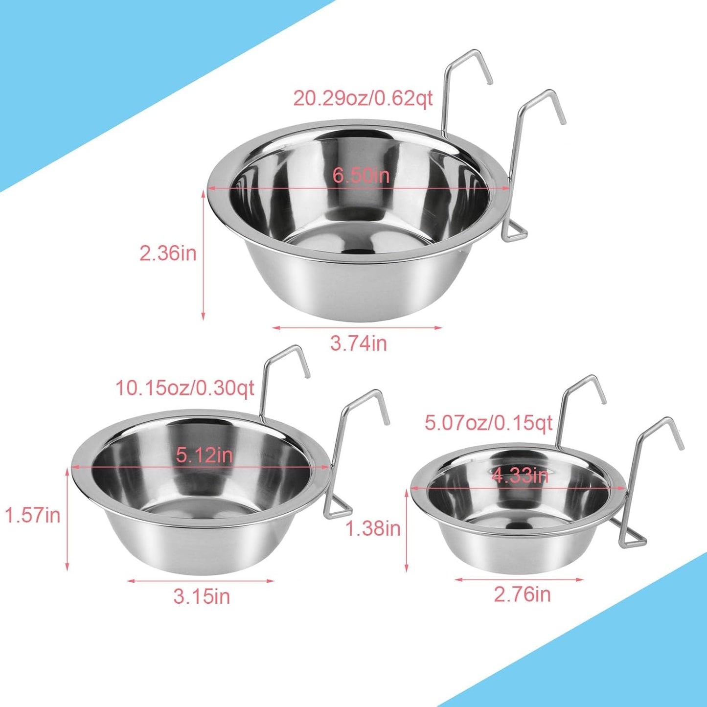 Stainless Steel Food Water Cup with Bolt Hooks for Pet Bird Crates Cages Coop Dog Cat Parrot Bird Rabbit Pet (Small,11Cm)