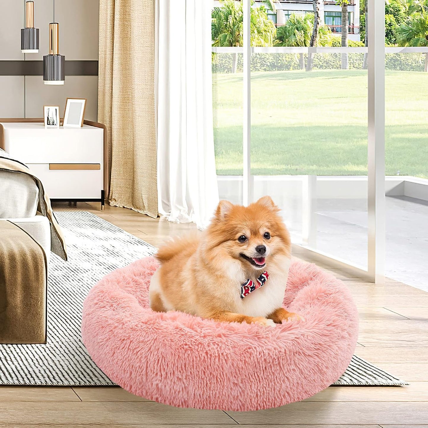 Calming Donut Dog Bed for Small to Medium Dogs & Cats - Plush Faux Fur Anti-Anxiety Pet Bed with Machine Washable Cover & Non-Slip Base