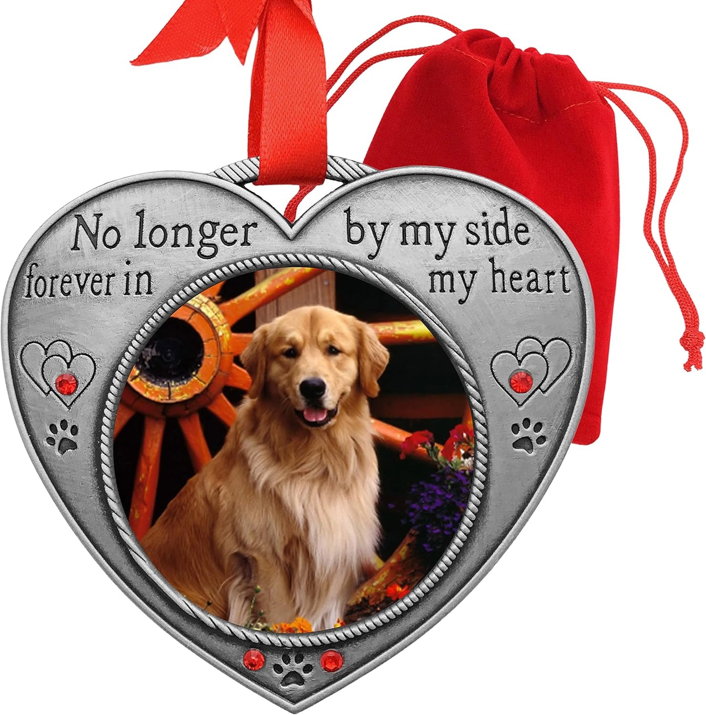 Pet Memory Heart Shaped Photo Christmas Ornament - No Longer by My Side Forever in My Heart - Engraved and Jeweled Keepsake for Pet Loss - Gift-Storage Bag Included - 3.5"