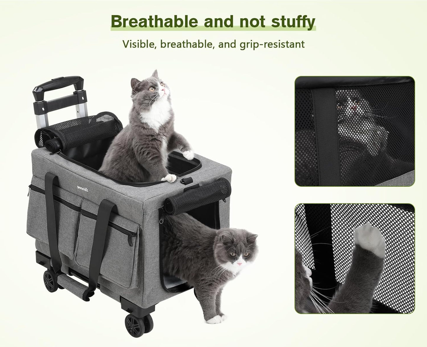 Cat Carrier with Wheels,Steel Wire Frame Cat Carrier, Stable Pet Trolley Bag for Cats, Pet Handbag and Stroller, Portable Cat Carrier Bag for Car Travel Bus Subway, Grey