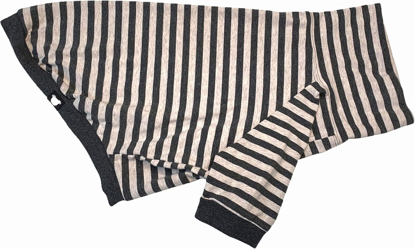Large Dog Pullover – Breathable Cotton & Spandex with Full Underbelly Coverage – White & Gray Striped Shirt for Allergy & Summer Protection (XXL)