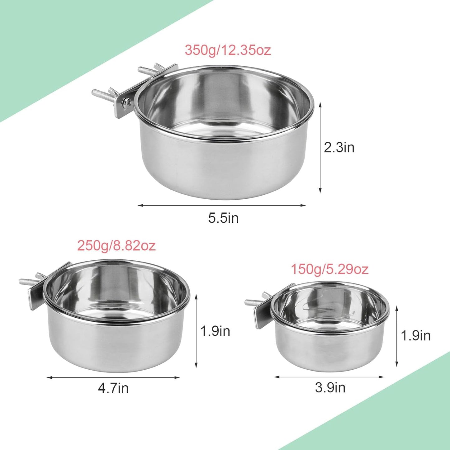 Stainless Steel Bird Food Water Bowl Parrot Cage Accessories for Parakeet Bird Dog Cat Parrot Rabbit (Large,5.5 * 2.3In)