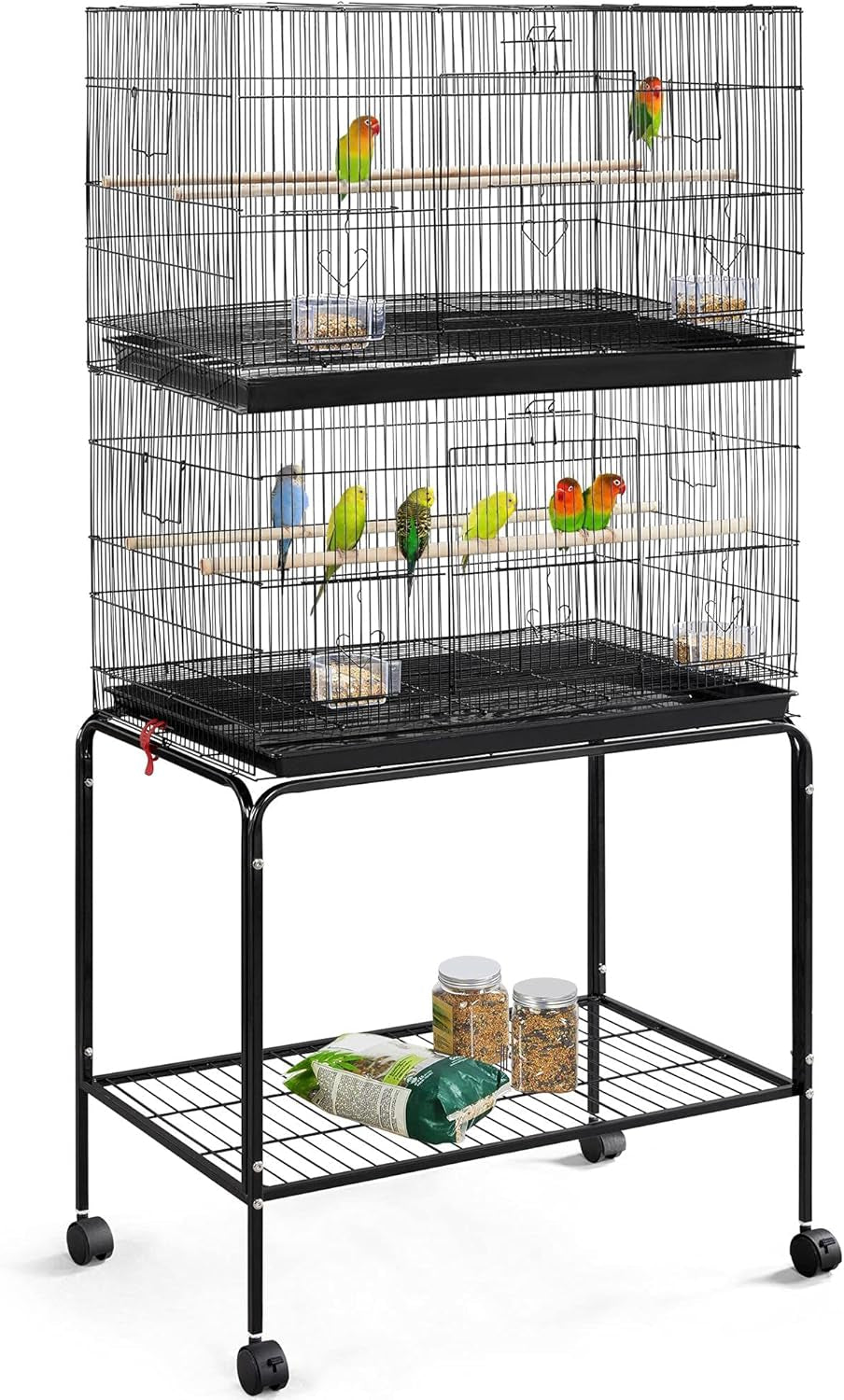 65-Inch Flight Bird Cages for Lovebirds Canaries Parrots Parakeets Budgies Finches Cockatiels Conures with Detachable Rolling Stand, Black