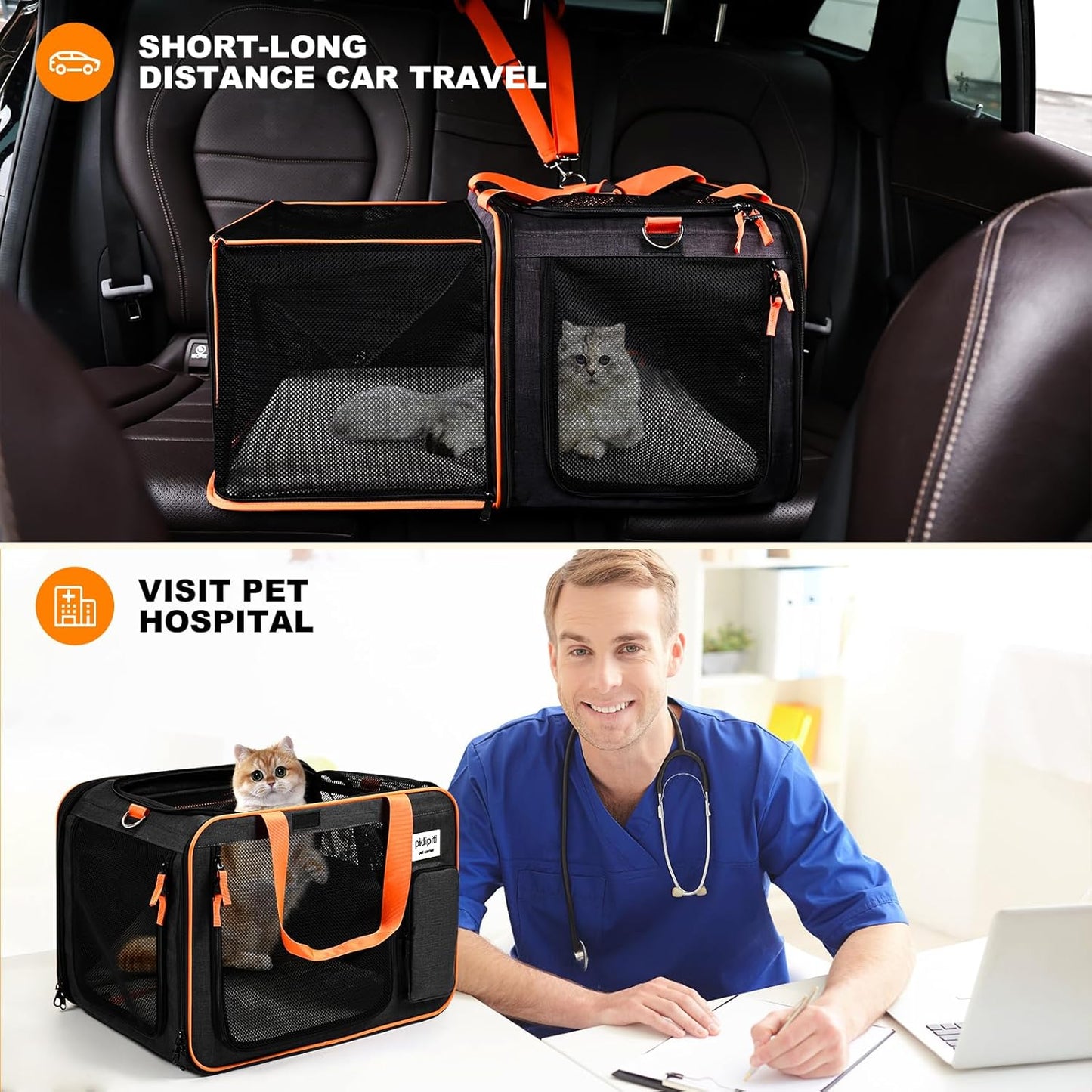 20 X 14 X 14 Inches Expandable Pet Carrier for 1 Large Cat under 25 Lbs,2 Medium Cats/Rabbits 20 Lbs+, 1 Small Dog under 15 Lbs,Cat Crate/Bag for Short Trip/Long Distance Car Travel
