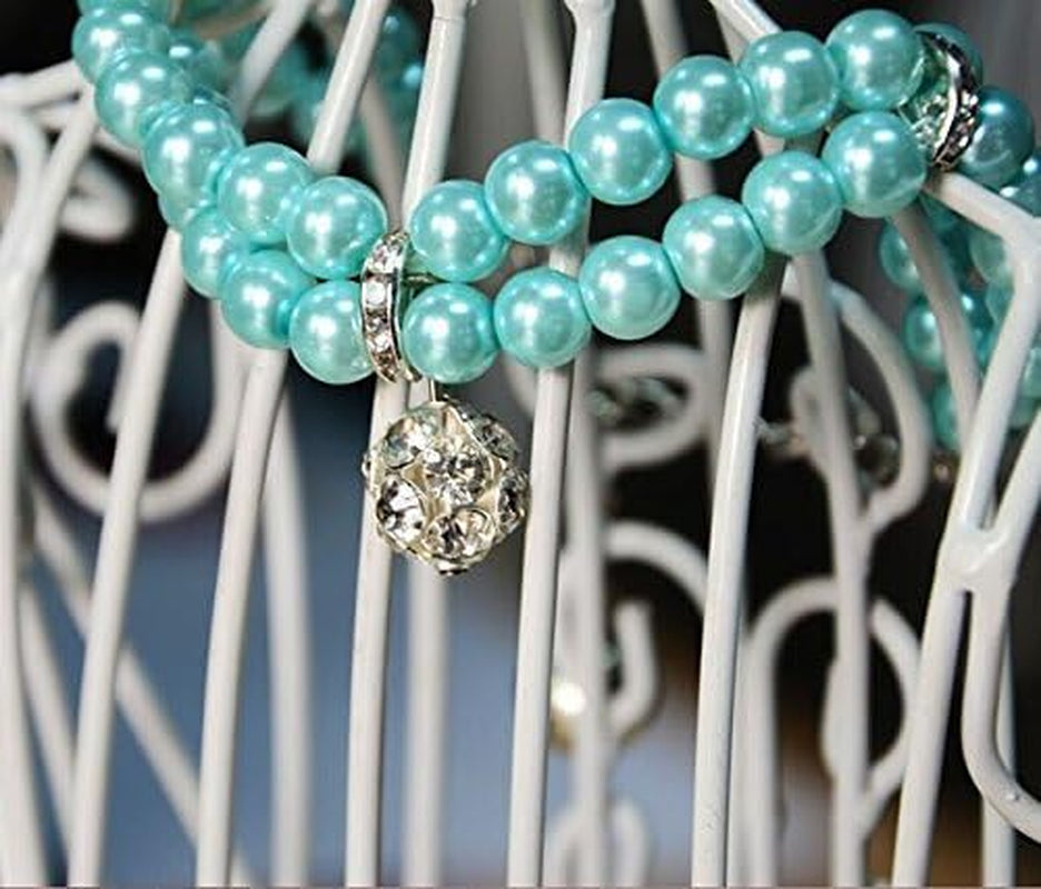 Luxury 2 Row Pearls Rhinestones Pet Cat Dog Necklace Collar Jewelry with Bling Crystal Ball Charm for Pets Cats Small Dogs Female Puppy Chihuahua Yorkie Girls (Blue, 8 to 10-Inch)