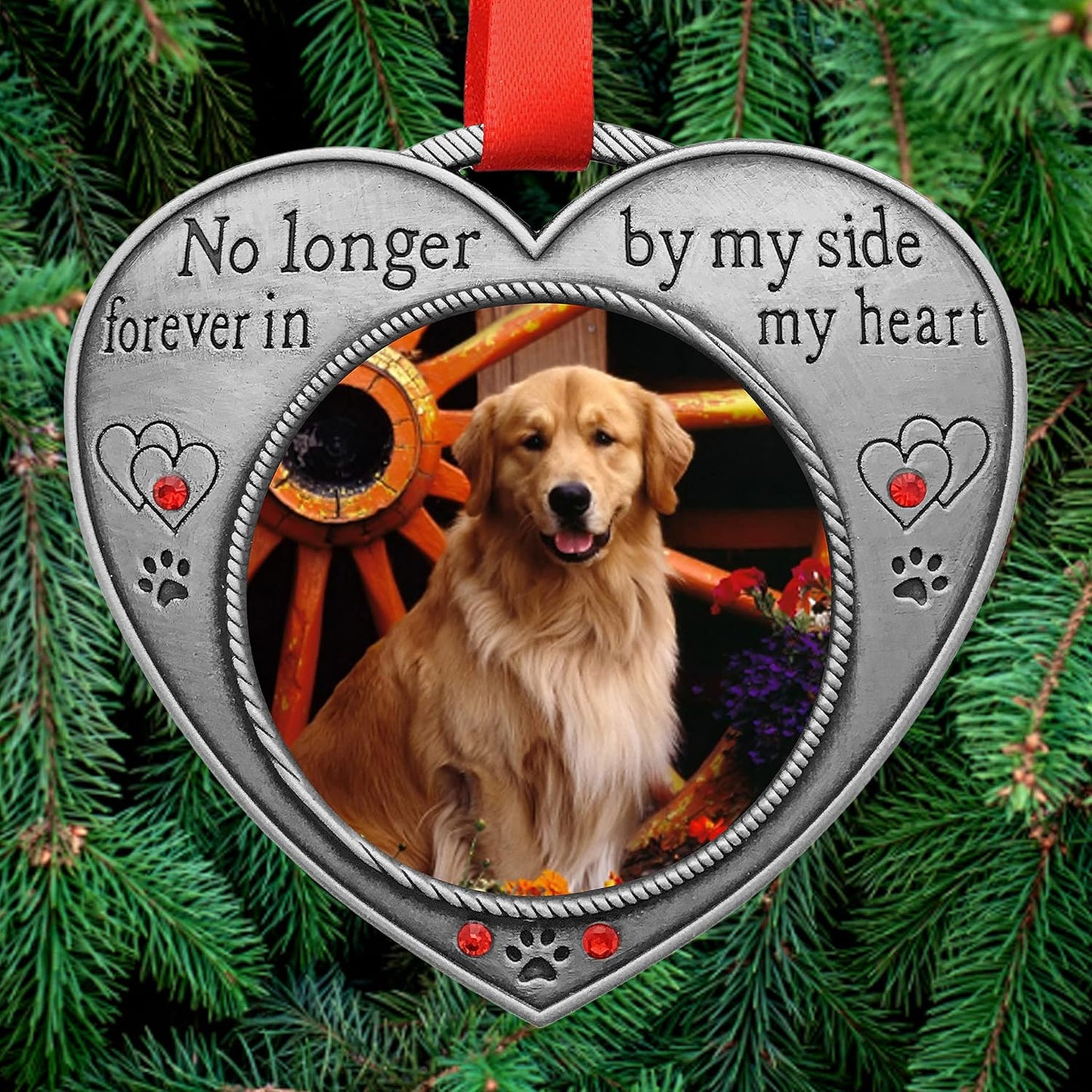 Pet Memory Heart Shaped Photo Christmas Ornament - No Longer by My Side Forever in My Heart - Engraved and Jeweled Keepsake for Pet Loss - Gift-Storage Bag Included - 3.5"