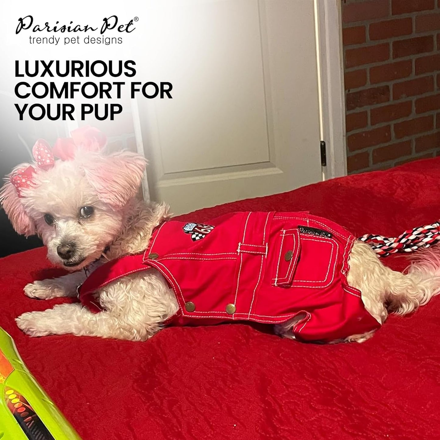 Denim Overall - Embroidered Route 66 ' Red Jumpsuit - Breathable & Washable Dog Outfit - Dog Overalls XL