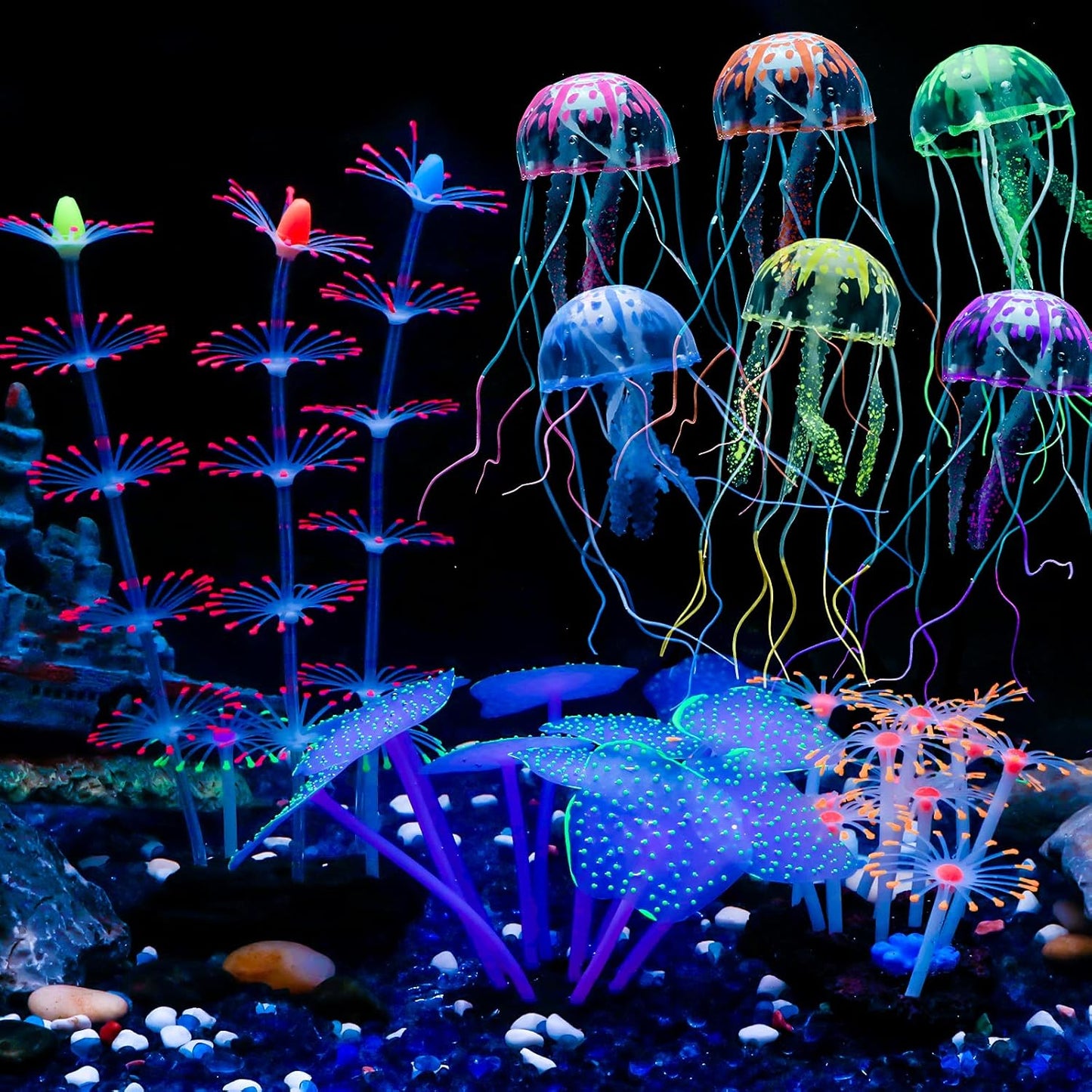 4 Pack Fish Tank Decorations Glowing Effect Aquarium Décor Small Silicone Artificial Jellyfish Coral Plant Ornament