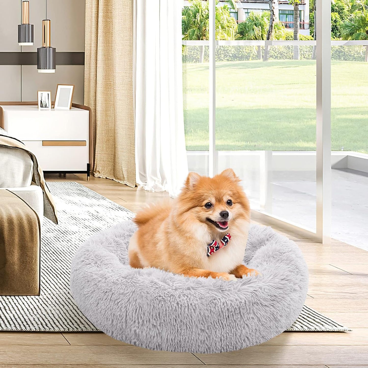 Calming Donut Dog Bed for Small to Medium Dogs & Cats - Plush Faux Fur Anti-Anxiety Pet Bed with Machine Washable Cover & Non-Slip Base
