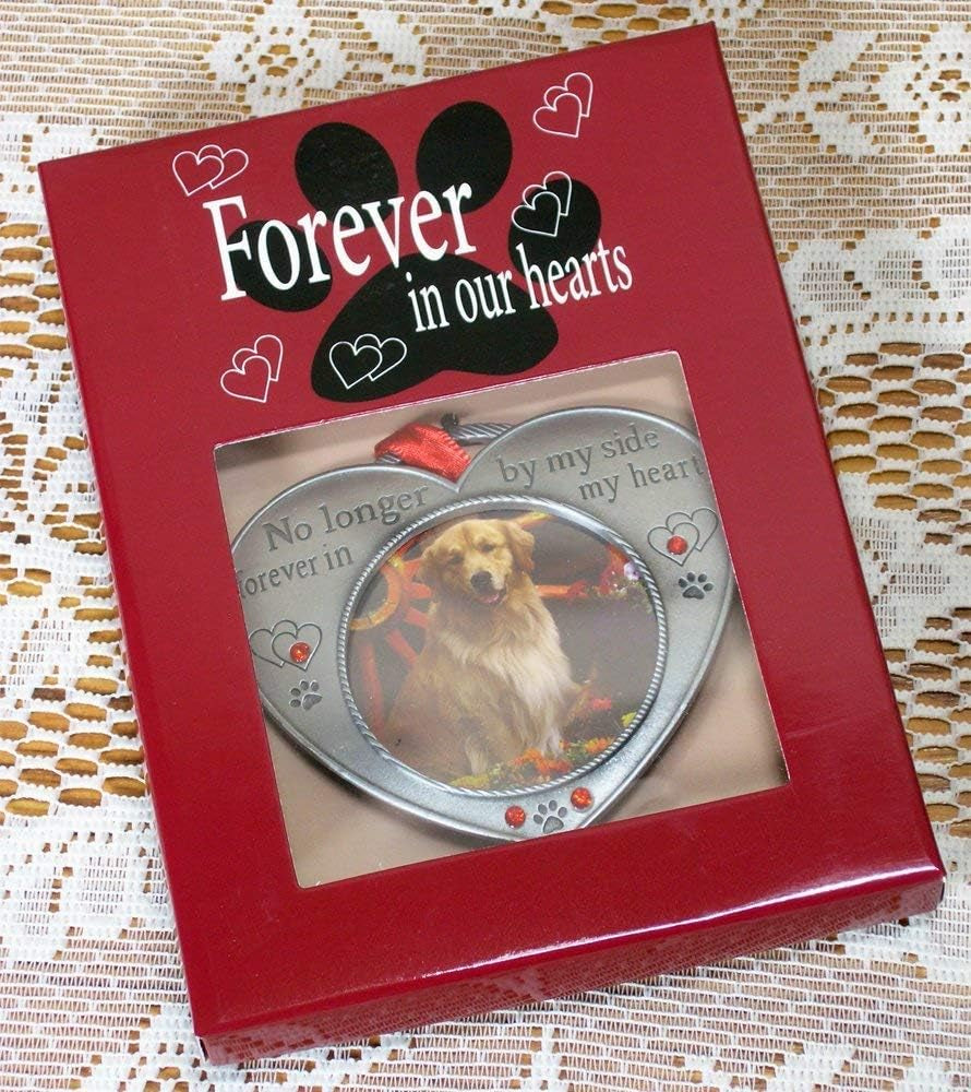 Pet Memory Heart Shaped Photo Christmas Ornament - No Longer by My Side Forever in My Heart - Engraved and Jeweled Keepsake for Pet Loss - Gift-Storage Bag Included - 3.5"