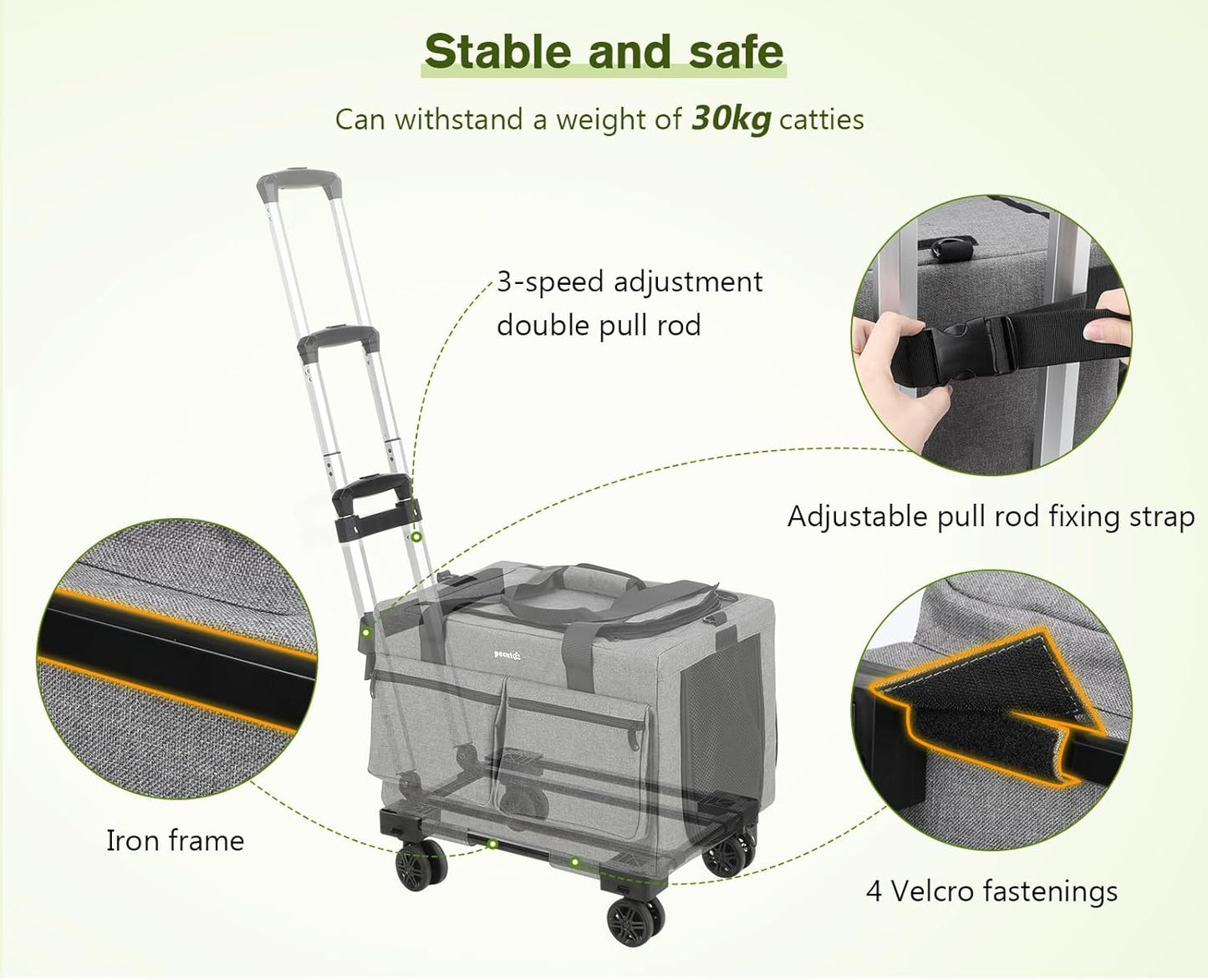 Cat Carrier with Wheels,Steel Wire Frame Cat Carrier, Stable Pet Trolley Bag for Cats, Pet Handbag and Stroller, Portable Cat Carrier Bag for Car Travel Bus Subway, Grey