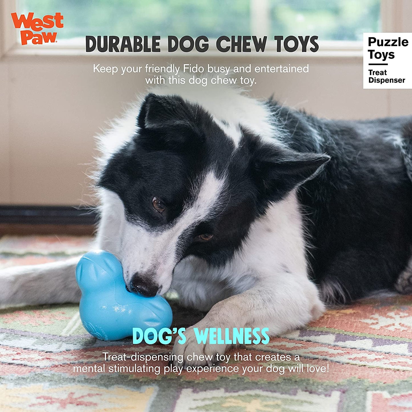 Zogoflex Tux Treat Dispensing Dog Chew Toy – Interactive Chewing Toy for Dogs – Dog Games for Aggressive Chewers, Fetch, Catch – Holds Kibble, Treats, Small 4", Aqua Blue