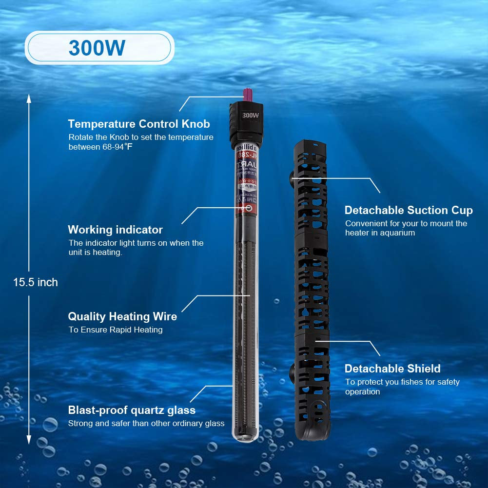 Submersible Aquarium Heater Auto Thermostat, 300W Fish Tank Heater with LCD Digital Aquarium Thermometer, Shatter-Proof and Blast-Proof