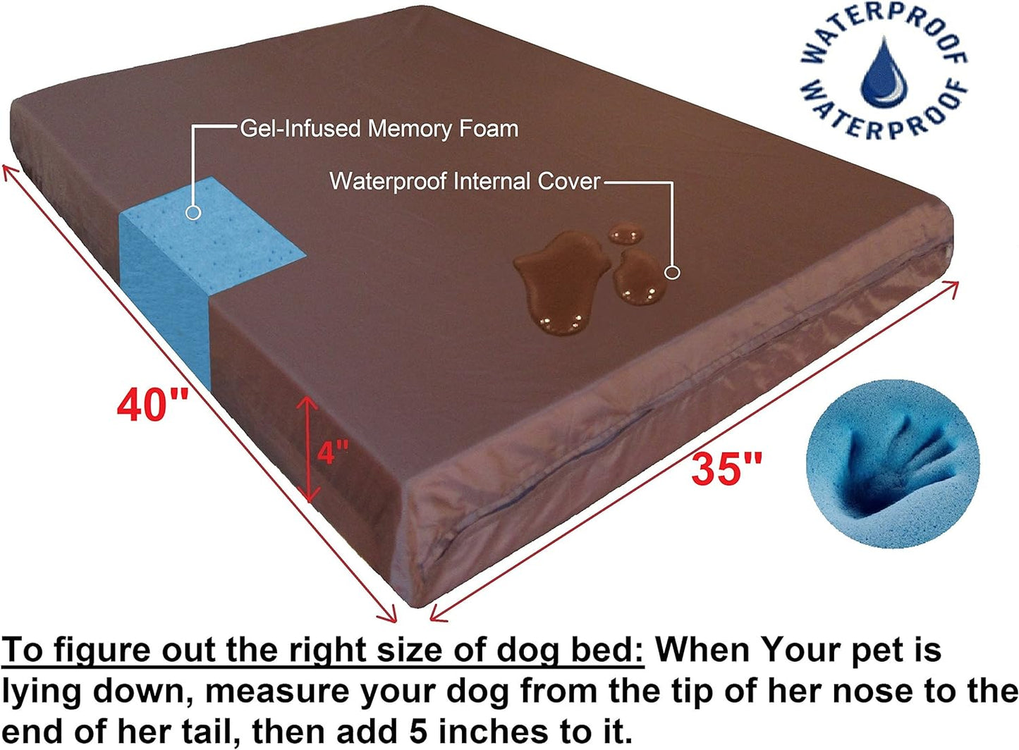Orthopedic Gel Memory Foam Pet Dog Bed, Waterproof Liner with External Microsuede Cover and Bonus Antislip Cover (Microsuede Gray, 40"X34"X4" Inches)