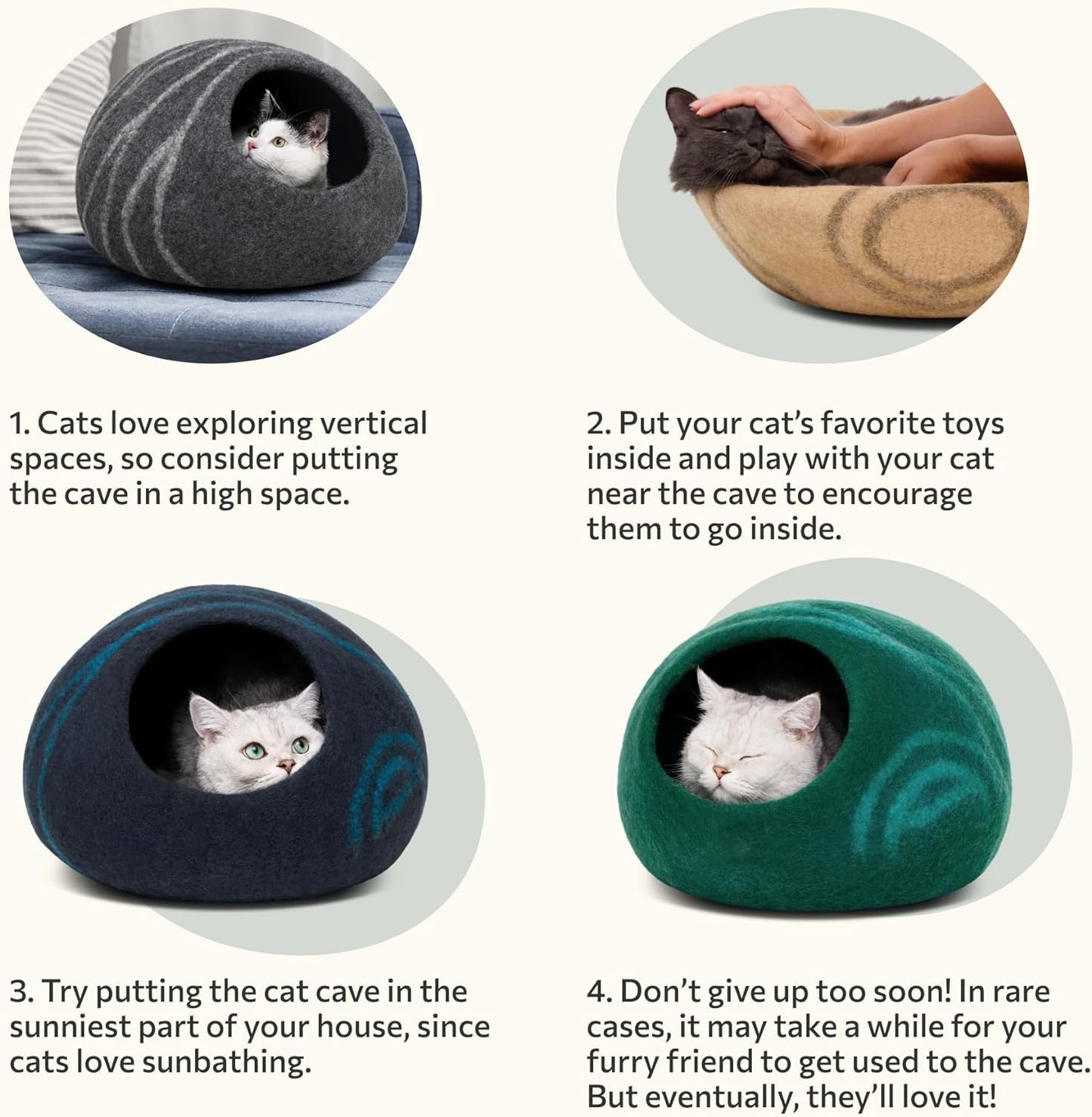 Cat Cave – Premium Felt Cat Bed for Indoor Cats, Handmade 100% Merino Wool (Light Grey, Large)