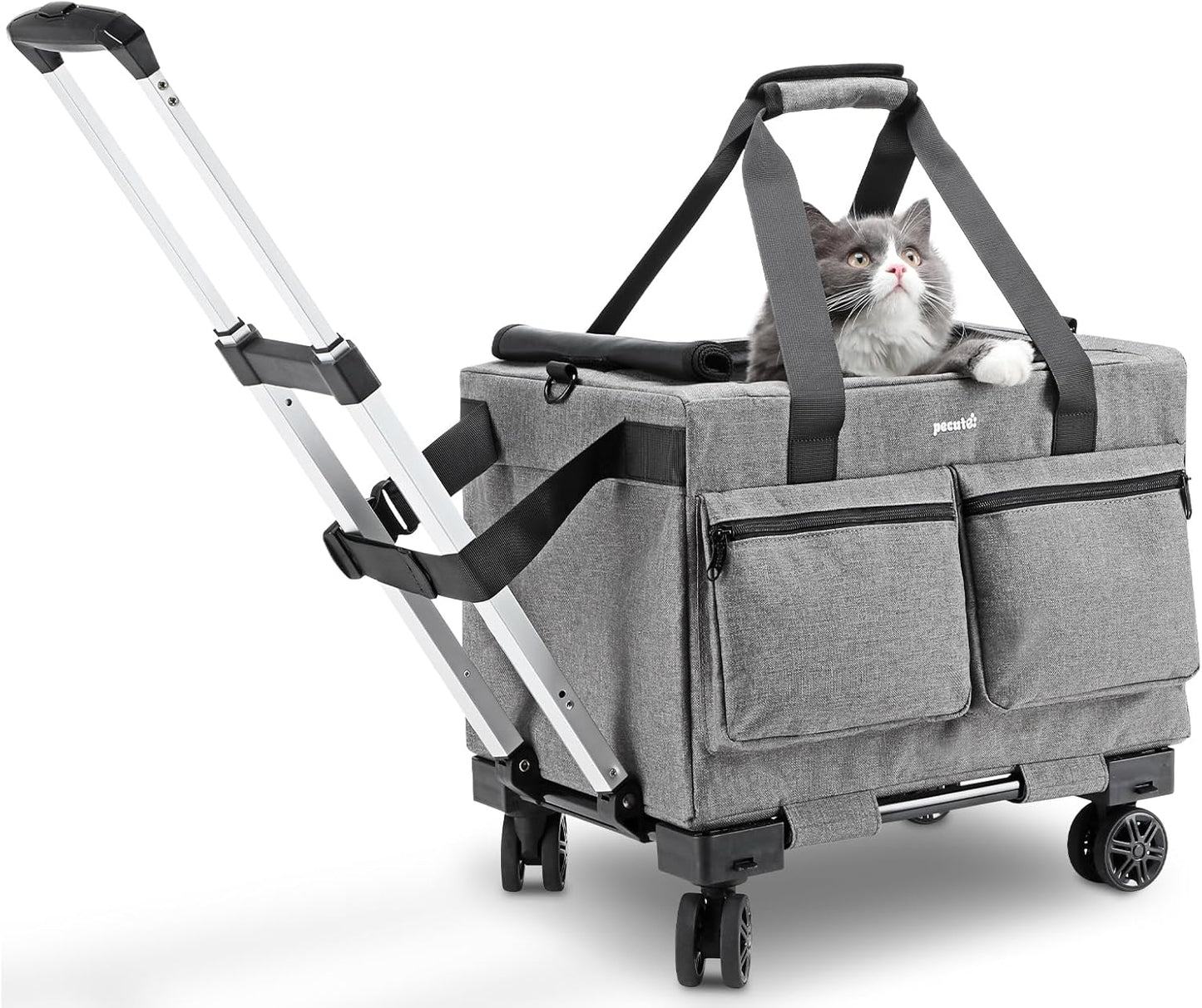 Cat Carrier with Wheels,Steel Wire Frame Cat Carrier, Stable Pet Trolley Bag for Cats, Pet Handbag and Stroller, Portable Cat Carrier Bag for Car Travel Bus Subway, Grey