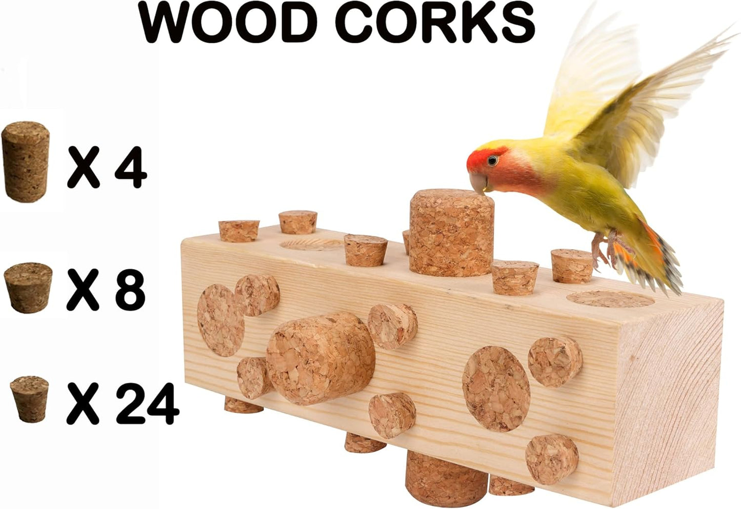 36Pcs Soft Corks with Parrot Chewing Toy Cage Perch Pine Wood Foraging Smart Toy for Small to Regular Size Parrot Cockatiel Birds