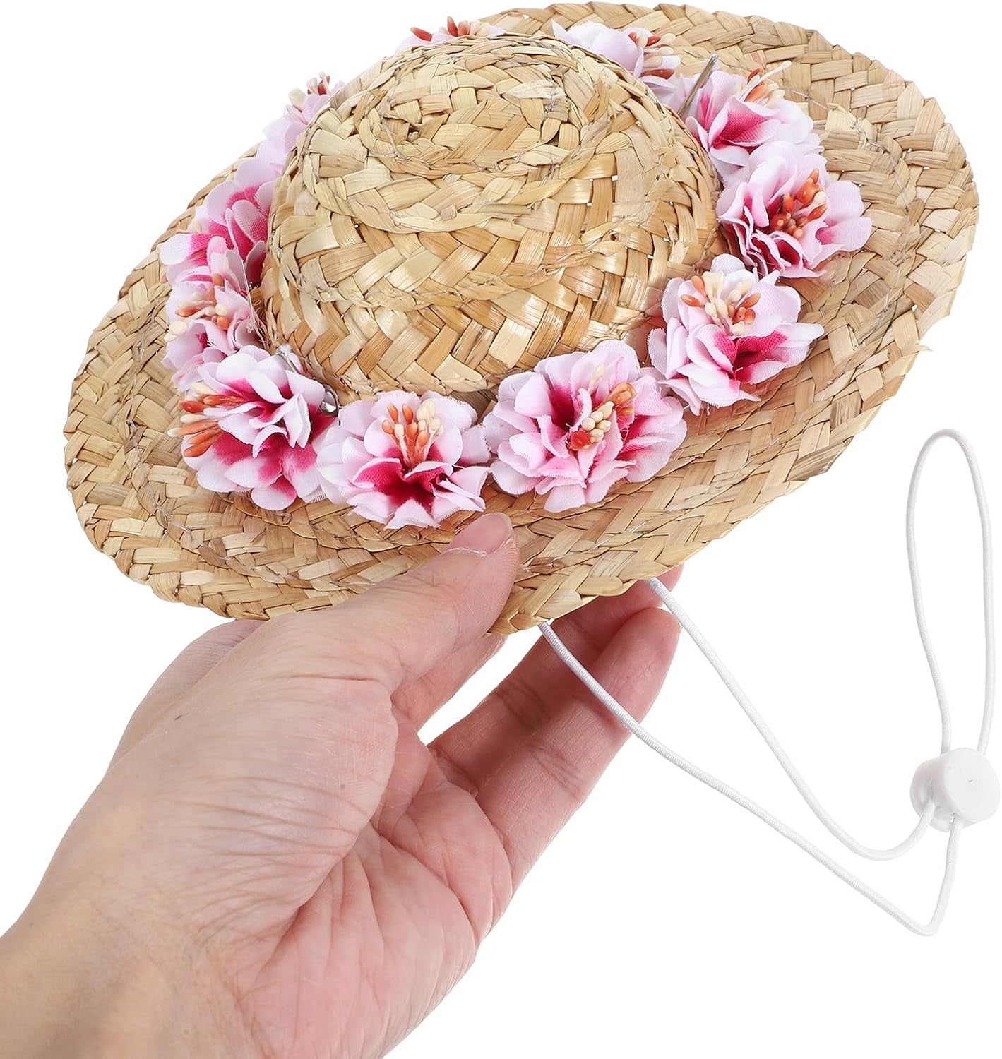 Dog Straw Hats with Floral-Pet Sombrero Adjustable Hawaii Garden Sun Bucket Cap for Small Dogs Puppy Cats-Size L