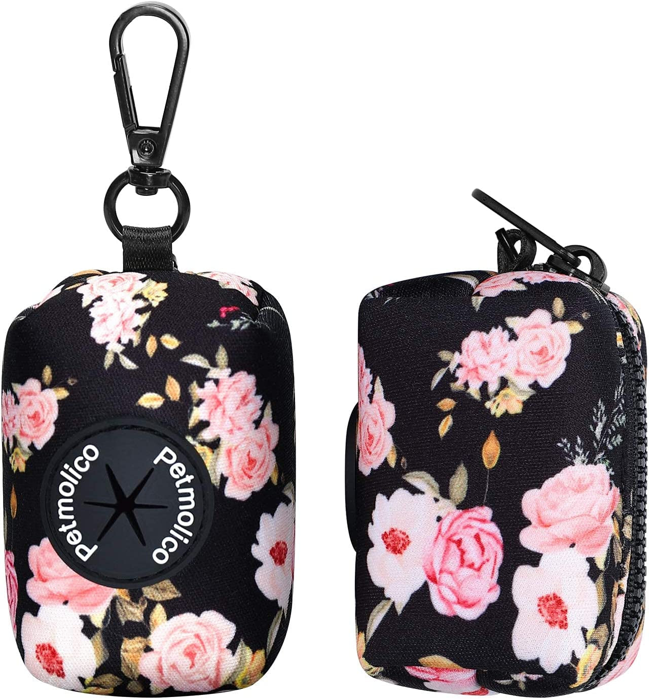 Dog Poop Bag Holder Leash Attachment, Waste Bag Dispenser Zippered Pouch, Fits Any Leash, Includes Free Roll of Bags, 2 Packs - Pink Rose