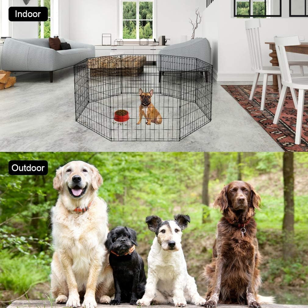 Dog Pen Playpen Puppy Pet Playpen 8 Panel Indoor Outdoor Metal Portable Folding Animal Exercise Dog Fence,24",Black